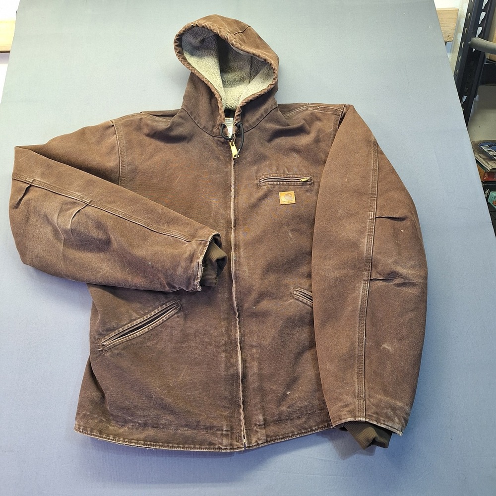 Carhartt J141 DKB Sandstone Sierra Sherpa Lined Hooded Jacket Brown Large Tall